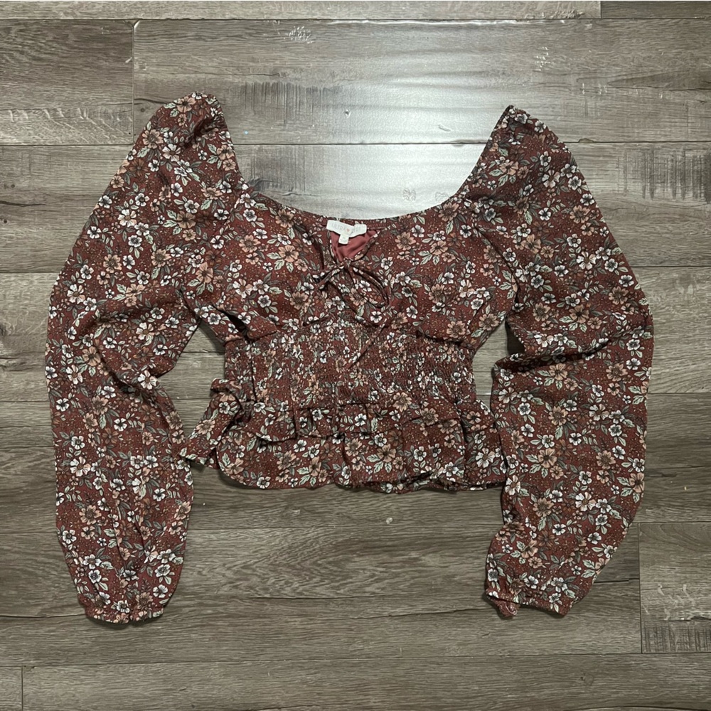 Ultra Flirt Rust Floral Smocked Off-Shoulder Crop Top